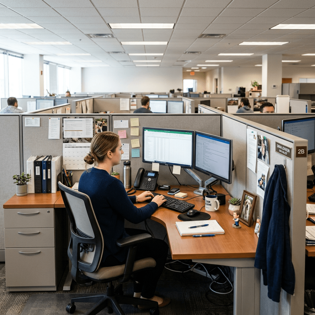 Woman seated at cubicle working on computer with two monitors
