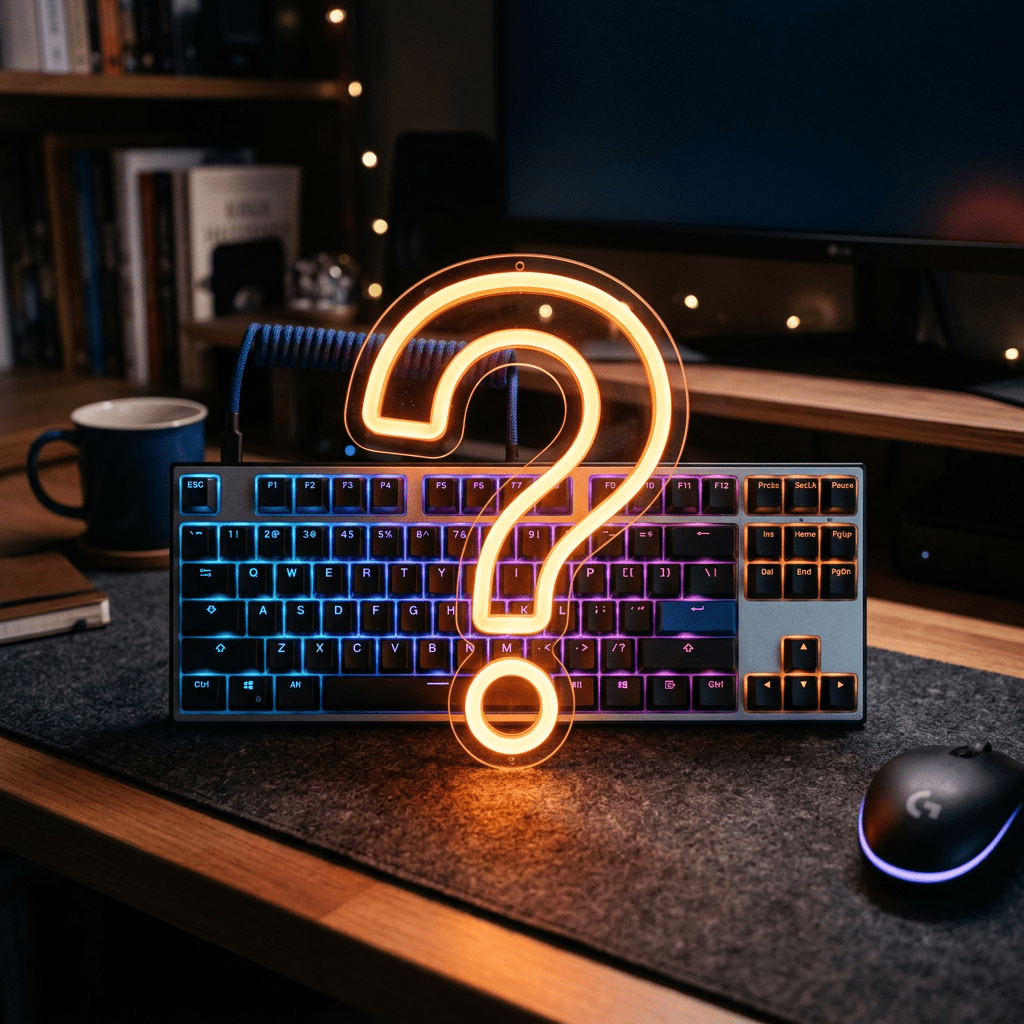 Mechanical keyboard with multicolor LED backlighting and orange neon question mark on a desk